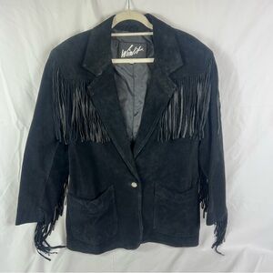 Winlit Women's Vintage Black Fringe Suede Blazer